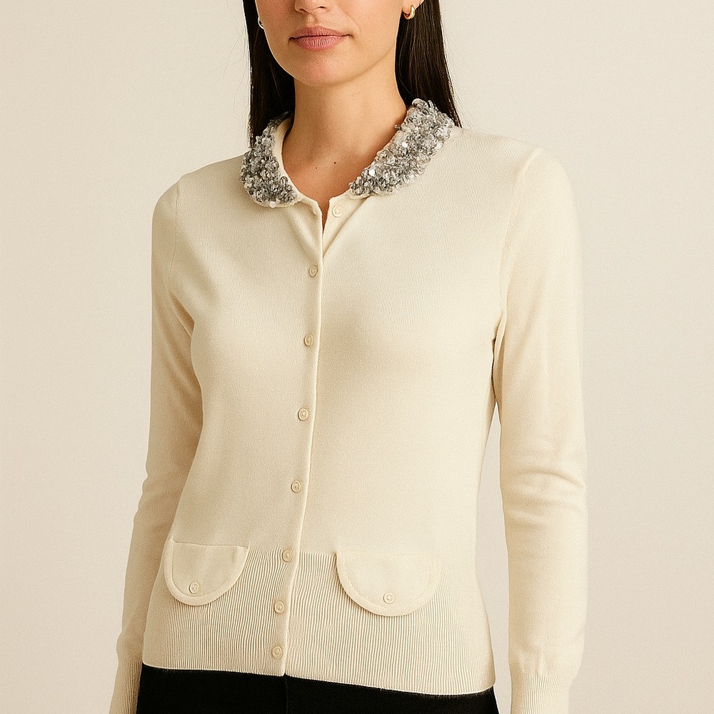 Holt Renfrew Cream Cardigan with Textured Collar